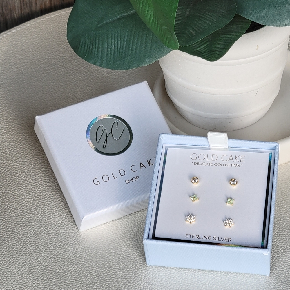 Green Clover Gold Cake 18K gold(925) sterling silver mini stud earring set